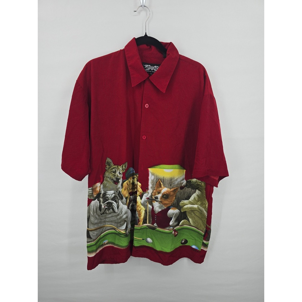 Dragonfly Clothing Co Dogs Playing Pool‎ Shirt Mens XL Red Honeycomb Y2K Vintage